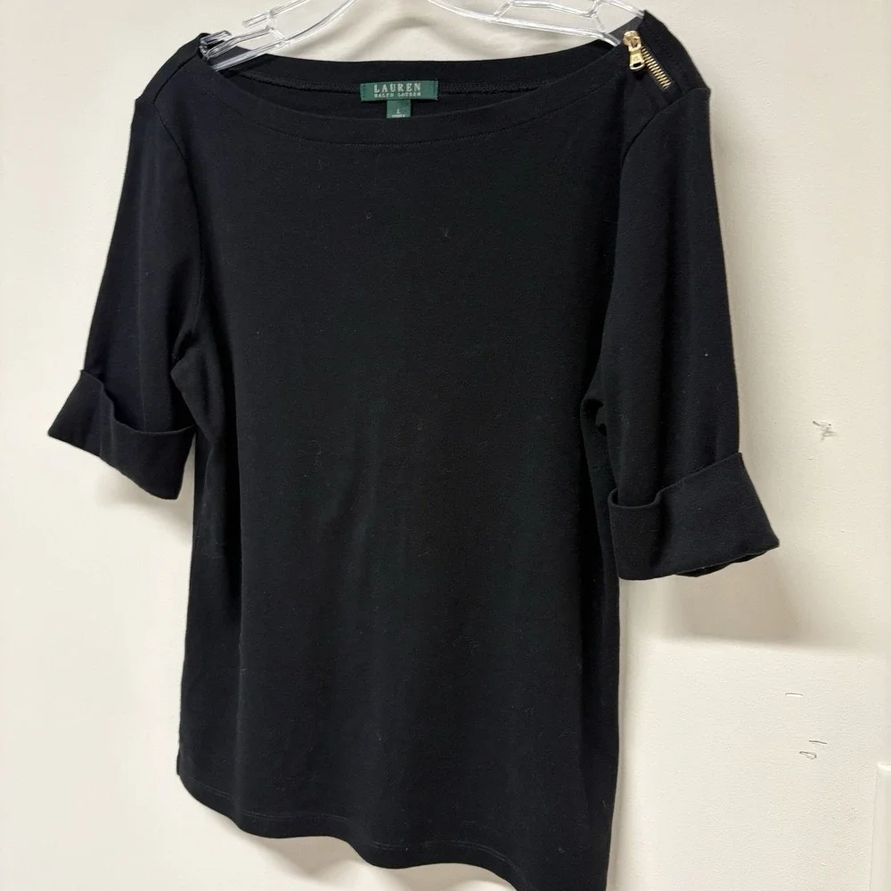 Lauren Ralph Lauren Black Boat Neck Zipper Accent Cotton Top  Size LG Nautical - Picture 4 of 6
